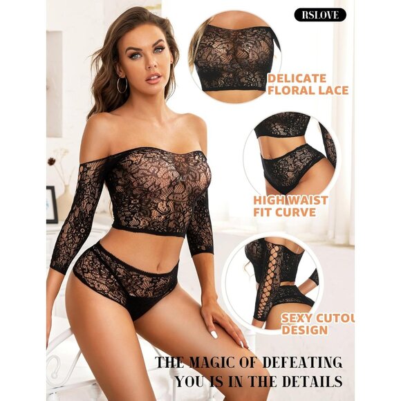 🆕Women Black Mesh Fishnet  Baby doll Bodysuit See Through Long Sleeve Lingerie - Picture 3 of 5